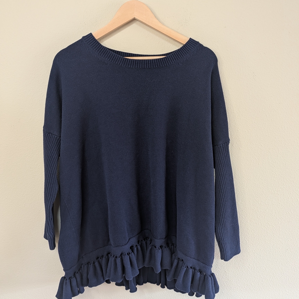 Lisa Rinna Collection‎ Navy Knit Sweater with Ruffle Edge 1X